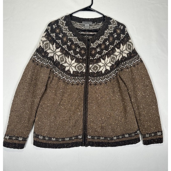 Eddie Bauer Sweater Women's Large Brown Full Zip Wool Blend Fair‎ Isle Knit VTG - Picture 1 of 8